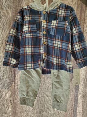NEW NWT Bloomin Baby Boys 12 Months 2 Piece Warm Flannel Hooded Pant Set
